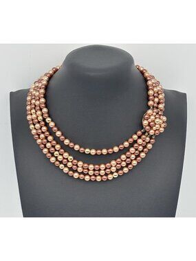 Vintage Multi-Strand Faux Pearl Necklace Mid-Century Gold Bronze Colors, "Japan"